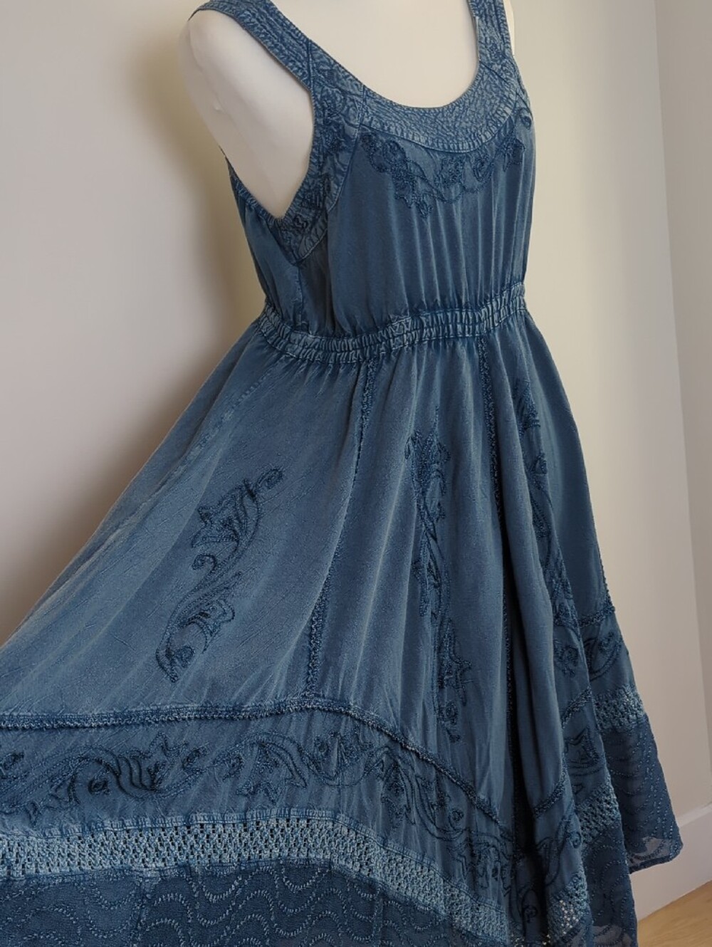 Vintage Magic Mineral Wash Floral Embroidered Handkerchief Midi Dress XL